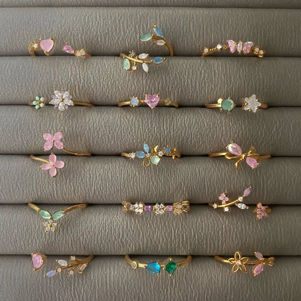 100 styles 14K Gold Plated Color Zircon Flower Crown Bow Open Ring Women Adjustable Stackable Finger Rings Wedding Jewelry Gift