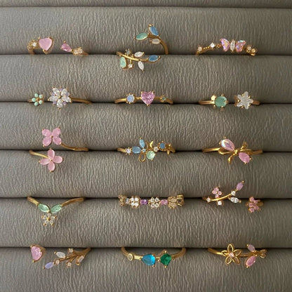 100 styles 14K Gold Plated Color Zircon Flower Crown Bow Open Ring Women Adjustable Stackable Finger Rings Wedding Jewelry Gift