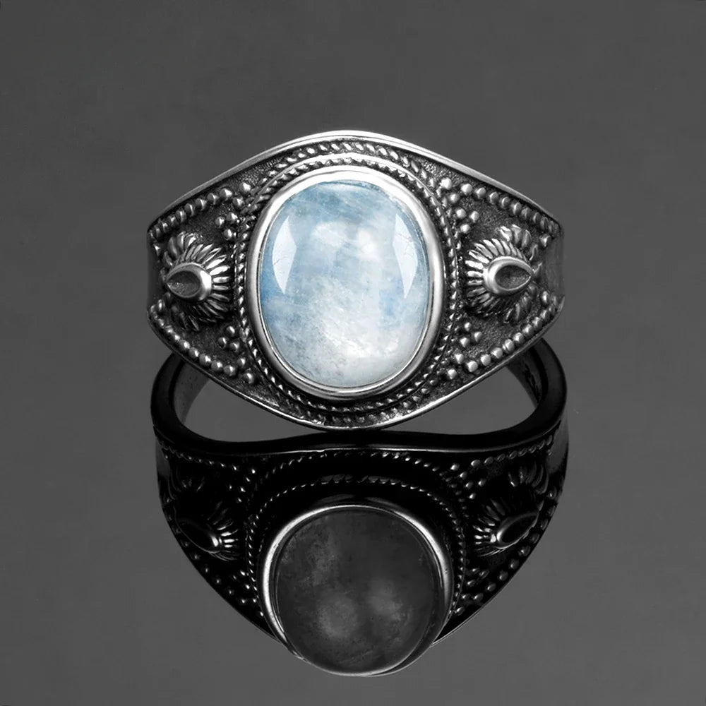 Round Oval Big Natural Moonstones Rings Women's Silver Plated Rings Gifts Vintage Fine Jewelry