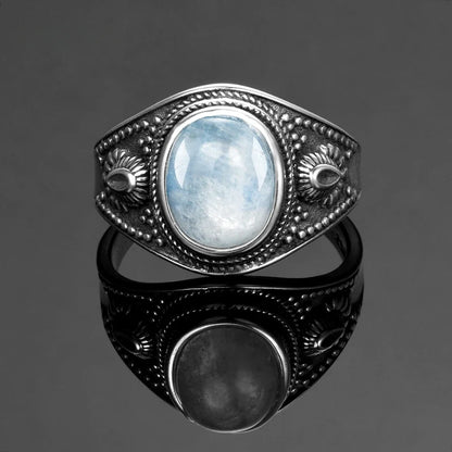 Round Oval Big Natural Moonstones Rings Women's Silver Plated Rings Gifts Vintage Fine Jewelry