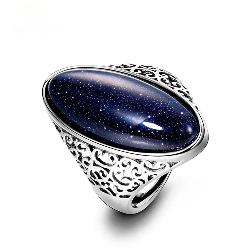 Rings for Women Silver Plated Fine Jewelry Vintage Blue Aventurine Turquoise Hollow Out Elegant Finger Ring Gift