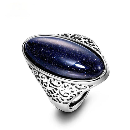 Rings for Women Silver Plated Fine Jewelry Vintage Blue Aventurine Turquoise Hollow Out Elegant Finger Ring Gift