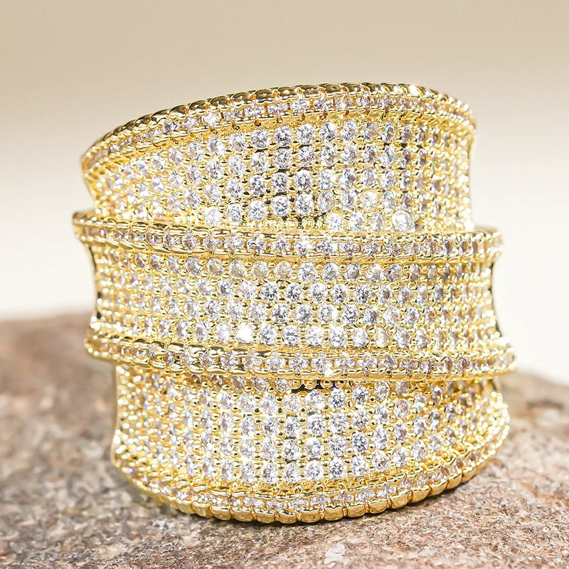 Huitan Full Bling Iced Out Wide Rings for Women Gorgeous Engagement Wedding Party Female Rings Sparkling CZ New Fashion Jewelry