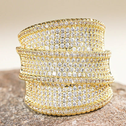 Huitan Full Bling Iced Out Wide Rings for Women Gorgeous Engagement Wedding Party Female Rings Sparkling CZ New Fashion Jewelry