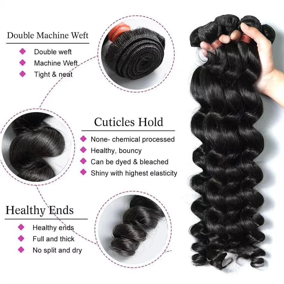 Loose Deep Wave Hair Bundles – Remy Human Hair Weave, 3/4 Bundle Deals, Natural Black