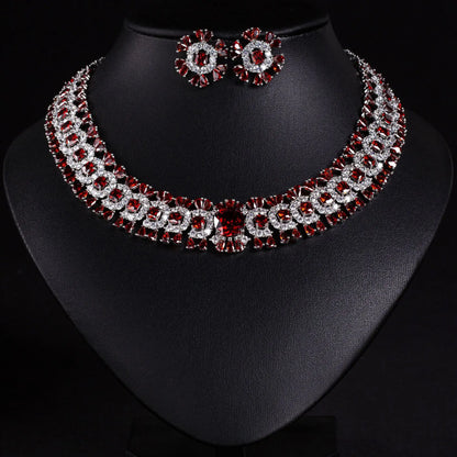 Sparkling Colourful Niche Delicate Flower Jewellery Necklace Earrings 2 Pcs Set Wedding Banquet Prom Bridal Women Dubai M-586