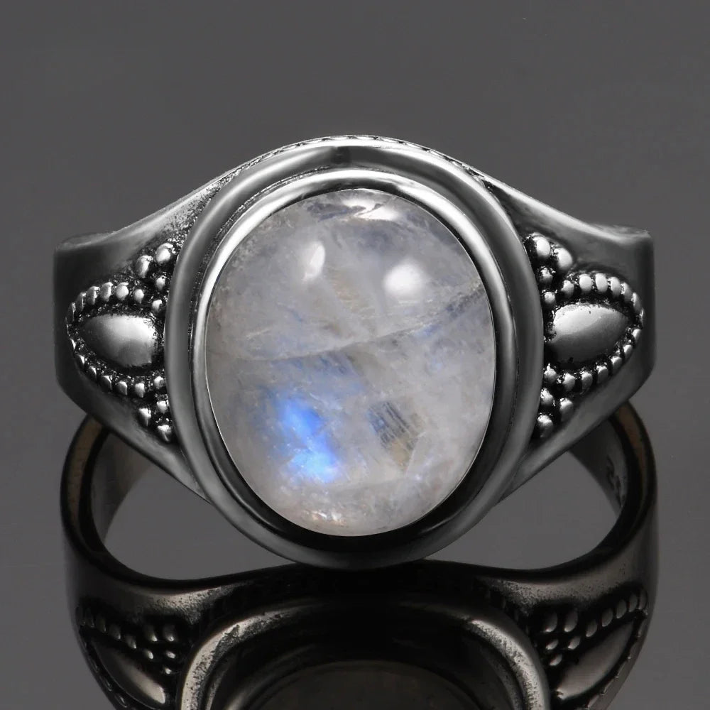 Round Oval Big Natural Moonstones Rings Women's Silver Plated Rings Gifts Vintage Fine Jewelry