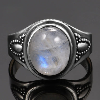 Round Oval Big Natural Moonstones Rings Women's Silver Plated Rings Gifts Vintage Fine Jewelry