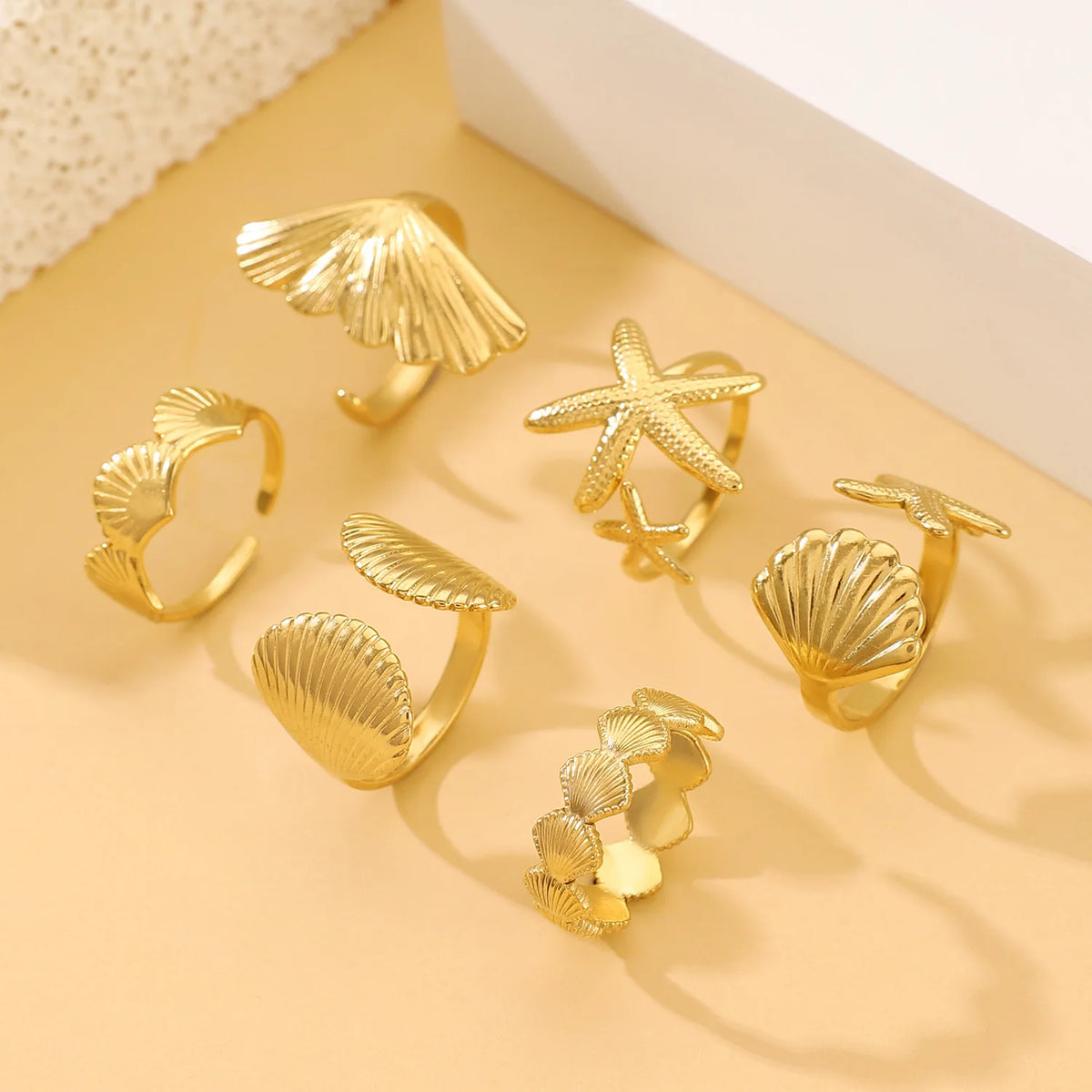 MHS.SUN Ocean Style Stainless Steel Starfish Shell Rings For Women Men Vintage Gold Plated Open Ring Summer Beach Jewelry