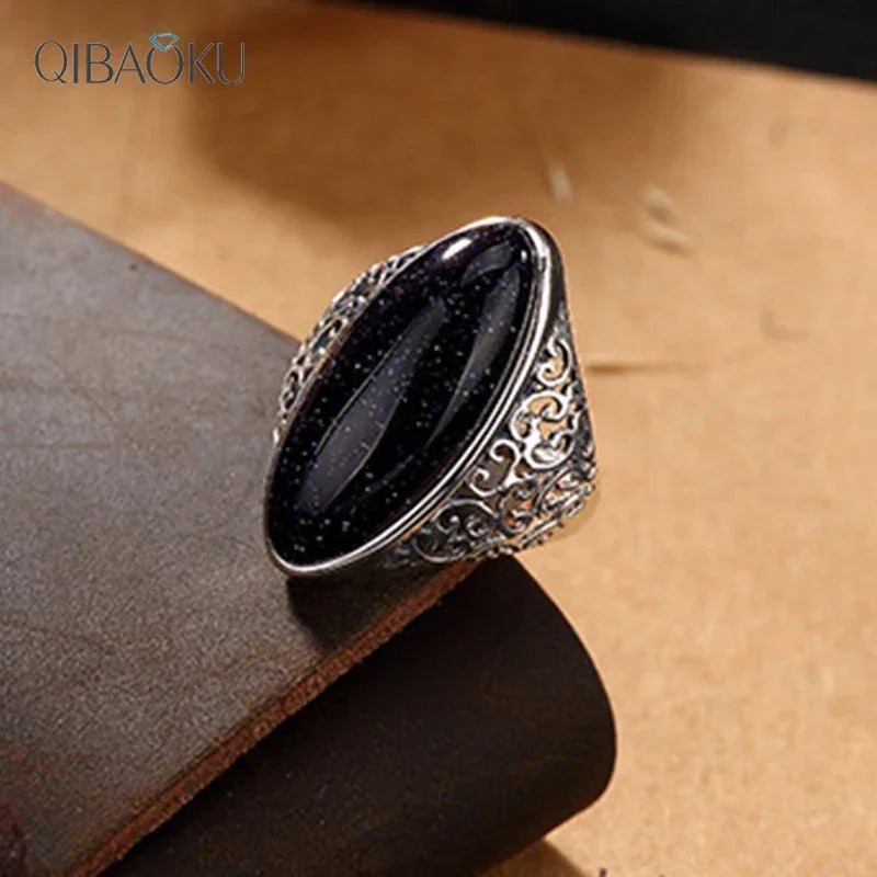 Rings for Women Silver Plated Fine Jewelry Vintage Blue Aventurine Turquoise Hollow Out Elegant Finger Ring Gift