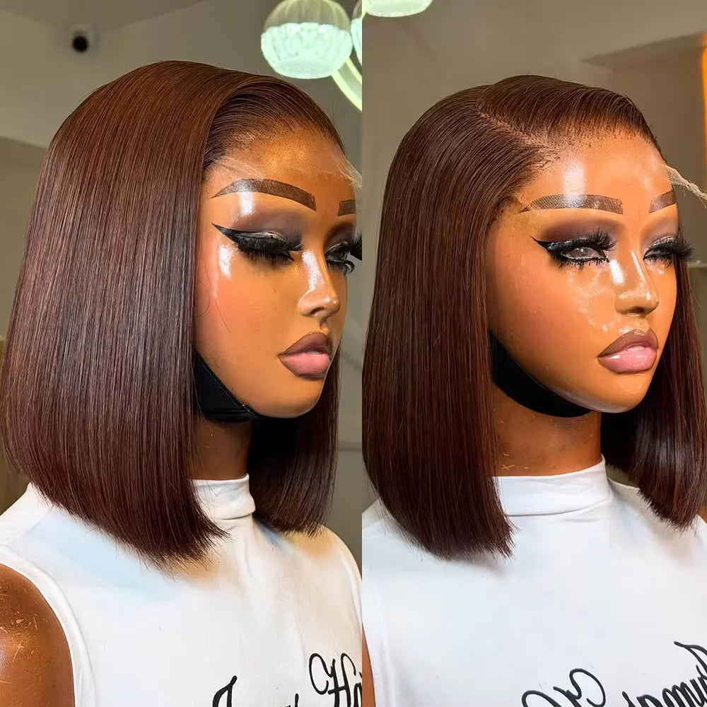 Chocolate Brown Straight Bob Wig – 13x4 Transparent Lace Frontal, 220% Density Short