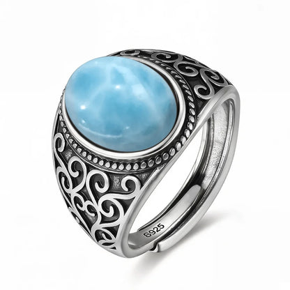 Vintage 925 Silver Natural Larimar Stone Ring Round Flower Shape Sky Blue Sea Water Ring Fine Jewelry Ring Gift For Women Men