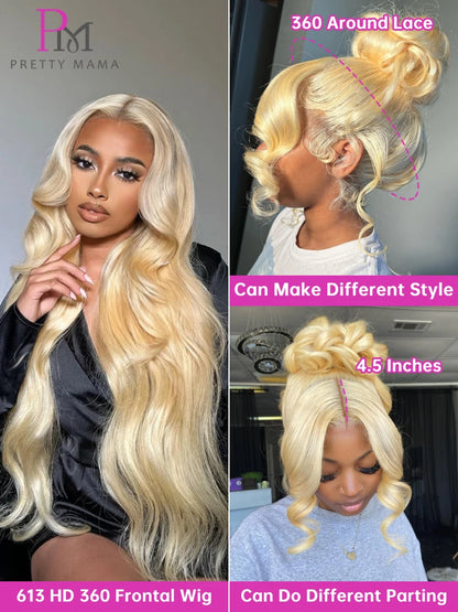 613 Honey Blonde Body Wave 360 Full Lace Frontal Wig – 13x4 & 13x6 Transparent, 16–44 Inch