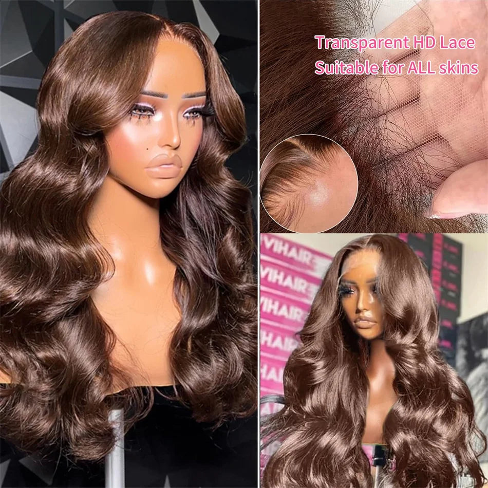 Pre-Plucked Chocolate Brown Body Wave Lace Front Wig – HD 13x6, 4x4 & 5x5, Light Brown Lace