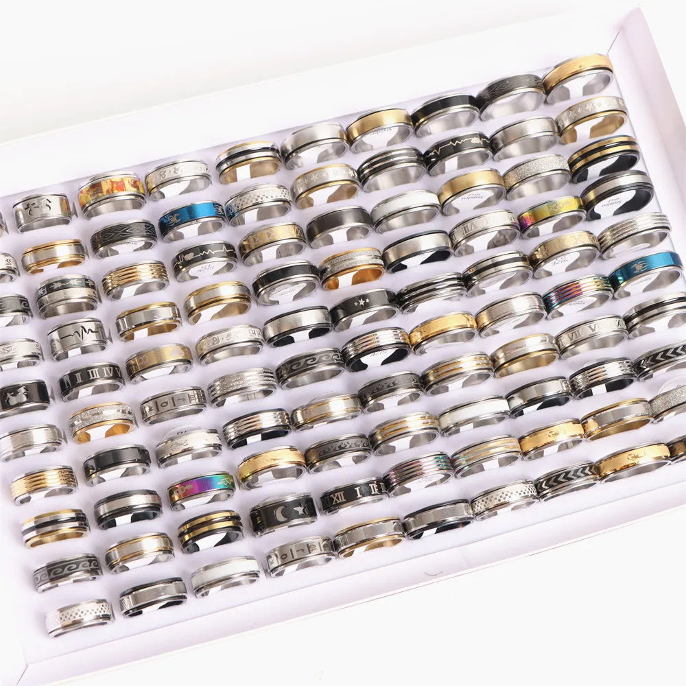 50Pcs/Lot Wholesale Different Rotatable Anxiety Fidgets Spinner Stainless Steel Rings Anti Stress Jewelry Gifts for Men Women