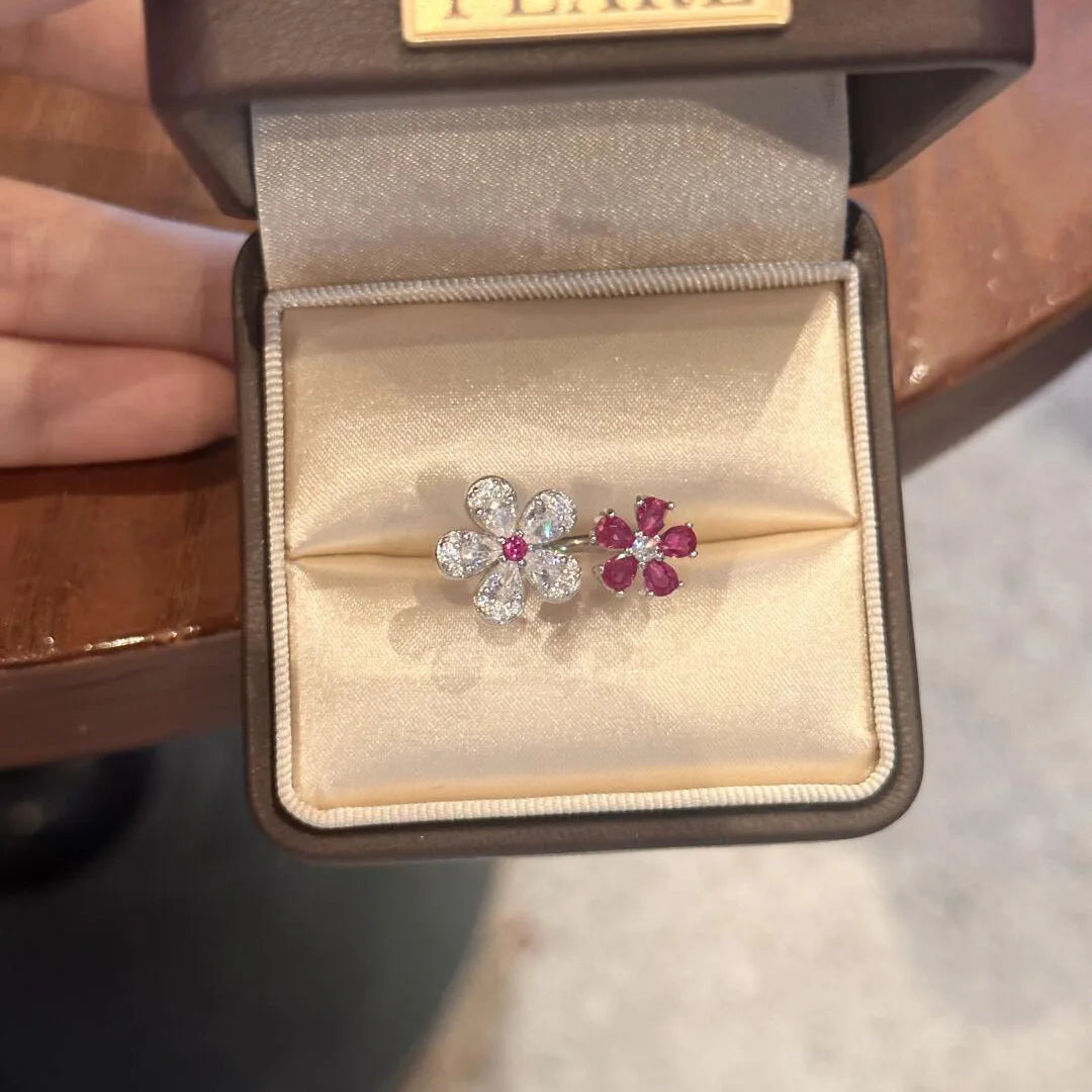 Fashion and High quality dazzling silver 925 full diamond red flower rings for women light luxury and exquisite jewelry gifts