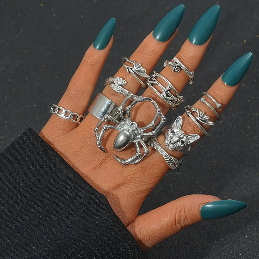 LATS 8pcs Irregular Red Crystal Heart Aesthetic Rings for Women Y2K Gothic Butterfly Spider Ring Creative Jewelry Accessories