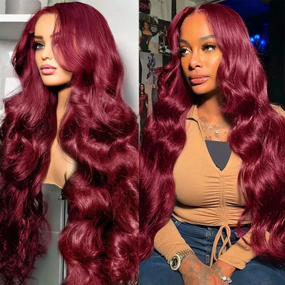 99J Burgundy 13x6 Lace Front Wig – Body Wave 200% Density, 30–36 Inch Red Colored