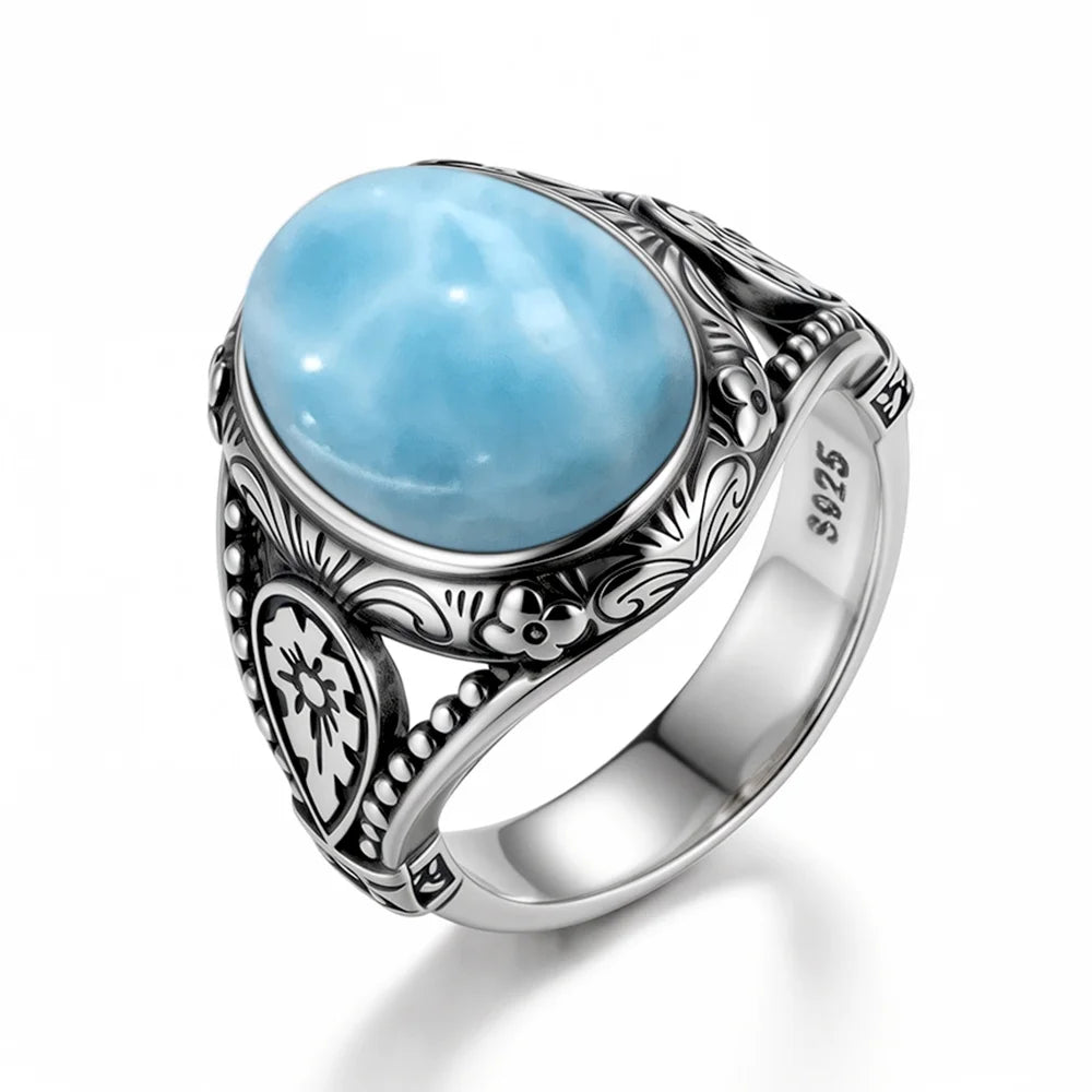 Vintage 925 Silver Natural Larimar Stone Ring Round Flower Shape Sky Blue Sea Water Ring Fine Jewelry Ring Gift For Women Men