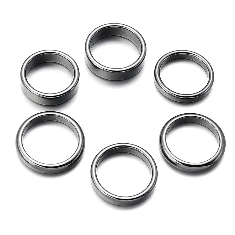 6pcs Unadjustable Black Hematite Rings For Women Men Party Club Smooth Simple Flat Wide Finger Ring Natural Stone 16mm-21mm