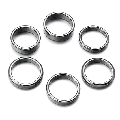 6pcs Unadjustable Black Hematite Rings For Women Men Party Club Smooth Simple Flat Wide Finger Ring Natural Stone 16mm-21mm
