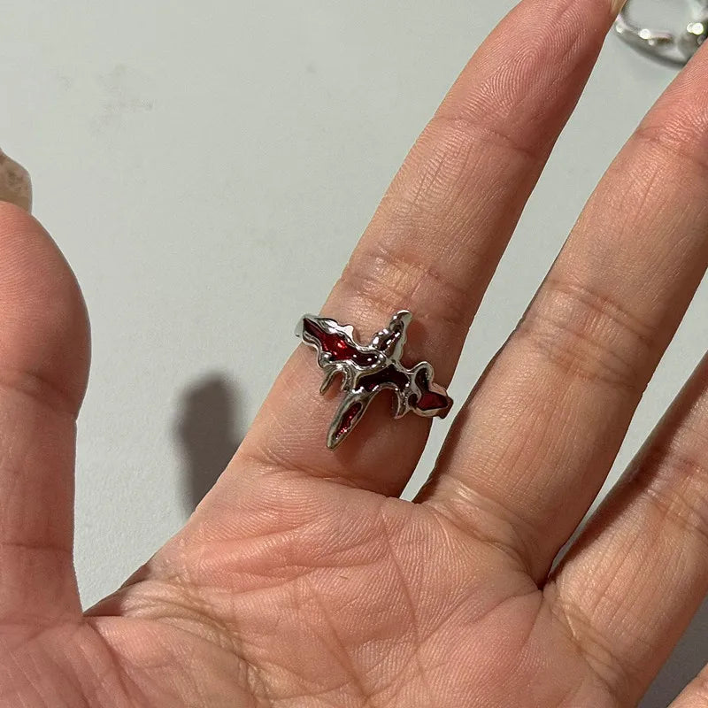 Goth Red Crystal Butterfly Heart Open Rings for Women Trend Vintage Adjustable Finger Rings Halloween Jewelry
