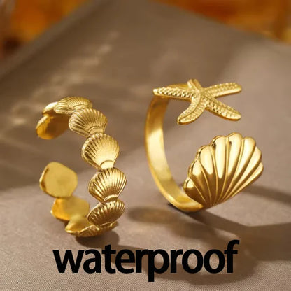 MHS.SUN Ocean Style Stainless Steel Starfish Shell Rings For Women Men Vintage Gold Plated Open Ring Summer Beach Jewelry