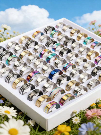 5/10/20/30/50/100/200pcs Stainless Steel Chain Rings, Mixed Punk Hip-Hop Rhinestone Inlaid Couple Rings, Finger Jewelry
