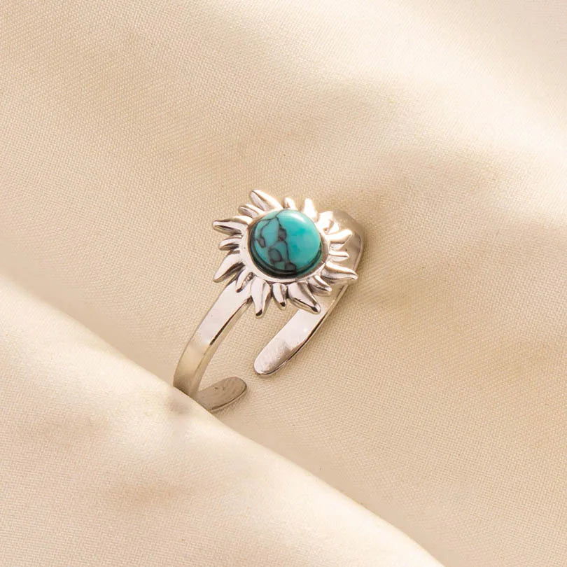 1pc Stainless Steel Boho Turquoise Open Finger Rings Trendy Adjustable Women Ethnic Multi Layers Stackable Anillos Jewelry