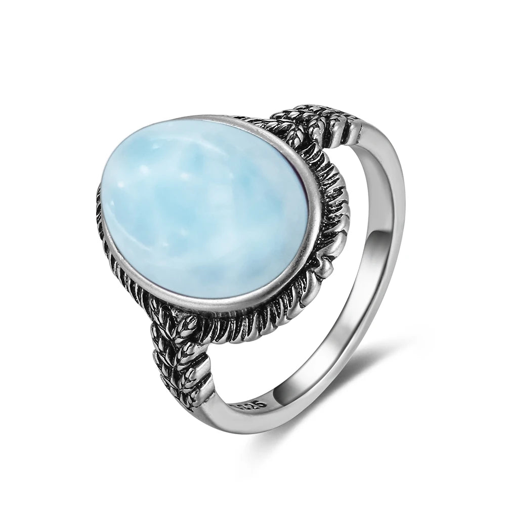 Vintage 925 Silver Natural Larimar Stone Ring Round Flower Shape Sky Blue Sea Water Ring Fine Jewelry Ring Gift For Women Men