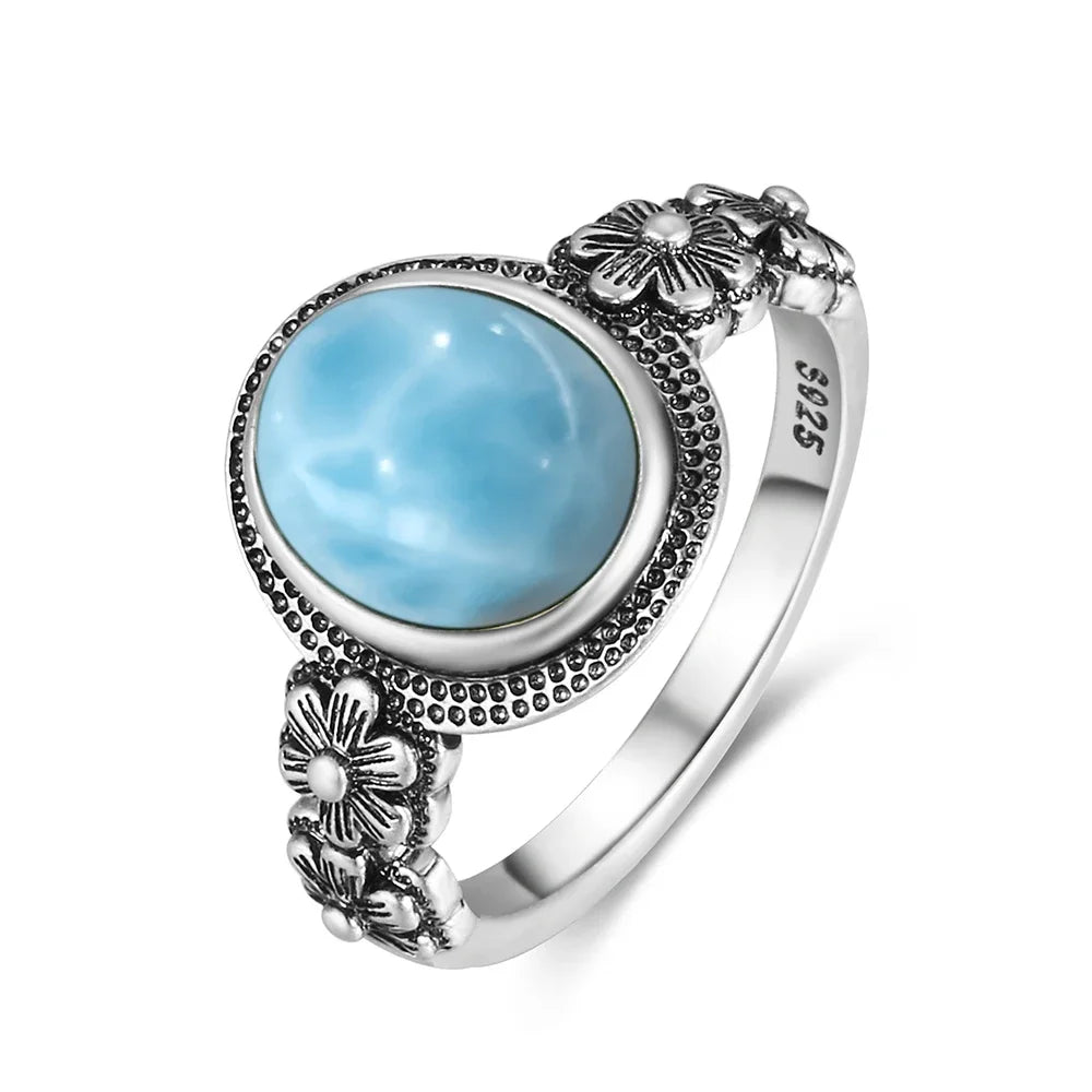 Vintage 925 Silver Natural Larimar Stone Ring Round Flower Shape Sky Blue Sea Water Ring Fine Jewelry Ring Gift For Women Men