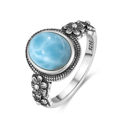 Vintage 925 Silver Natural Larimar Stone Ring Round Flower Shape Sky Blue Sea Water Ring Fine Jewelry Ring Gift For Women Men