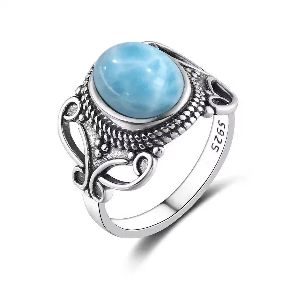 Vintage 925 Silver Natural Larimar Stone Ring Round Flower Shape Sky Blue Sea Water Ring Fine Jewelry Ring Gift For Women Men