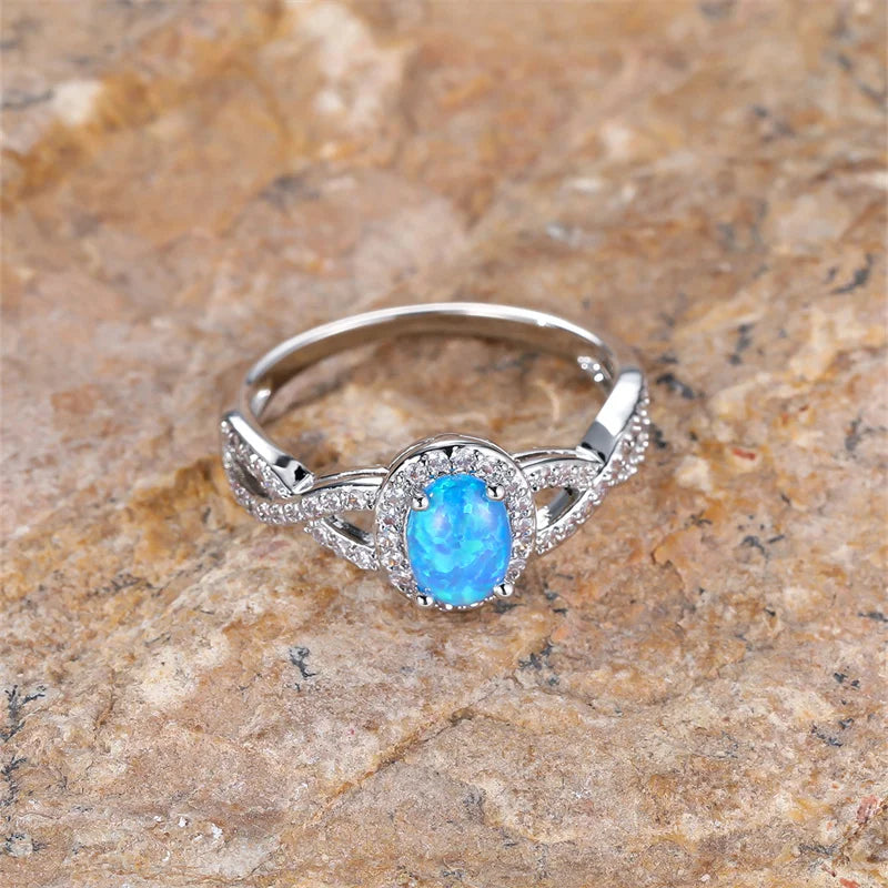 Small Oval Stone Blue Opal Ring White Zircon Hollow Infinity Engagement Rings For Women Trendy Silver Color Wedding Band Jewelry