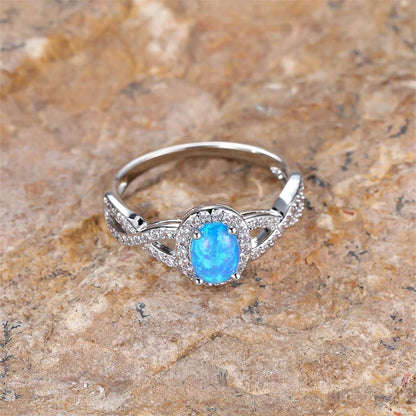 Small Oval Stone Blue Opal Ring White Zircon Hollow Infinity Engagement Rings For Women Trendy Silver Color Wedding Band Jewelry