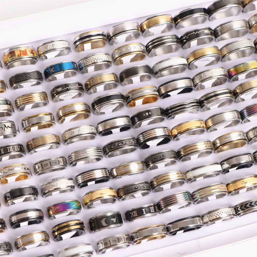 50Pcs/Lot Wholesale Different Rotatable Anxiety Fidgets Spinner Stainless Steel Rings Anti Stress Jewelry Gifts for Men Women