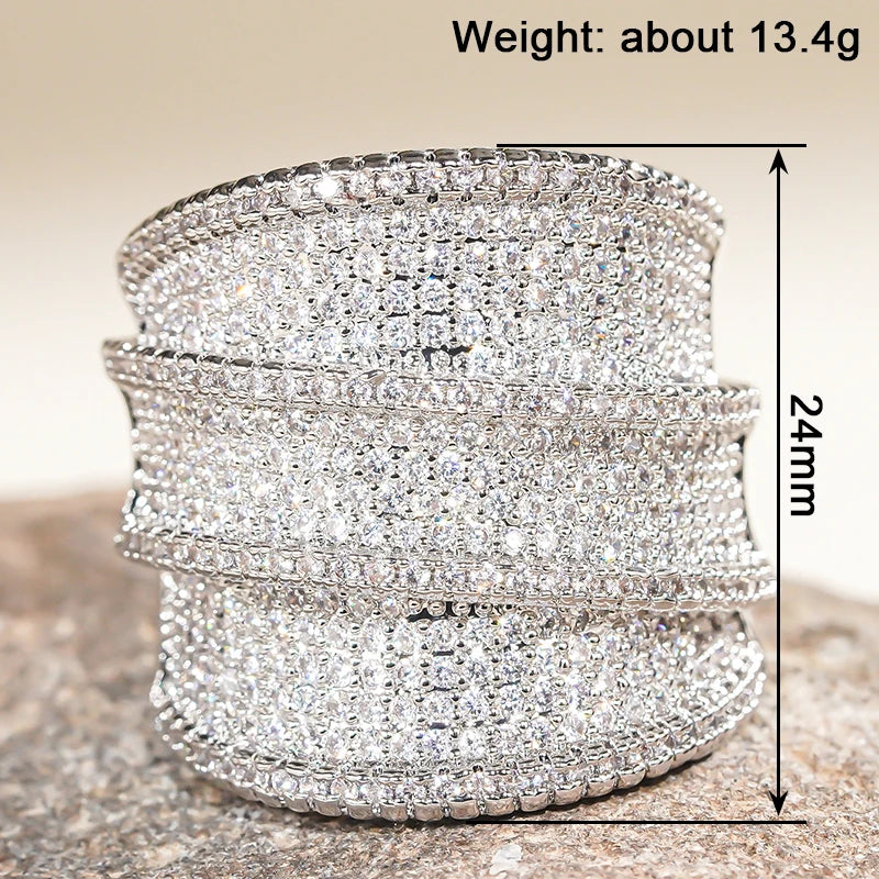 Huitan Full Bling Iced Out Wide Rings for Women Gorgeous Engagement Wedding Party Female Rings Sparkling CZ New Fashion Jewelry