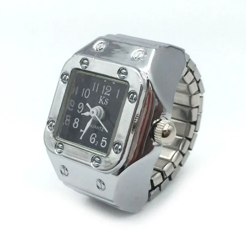 Punk Mini Quartz Watch Clock Finger Rings for Men Women Stainless Steel Elastic Strap Punk Couple Roman Ring Jewelry Gifts