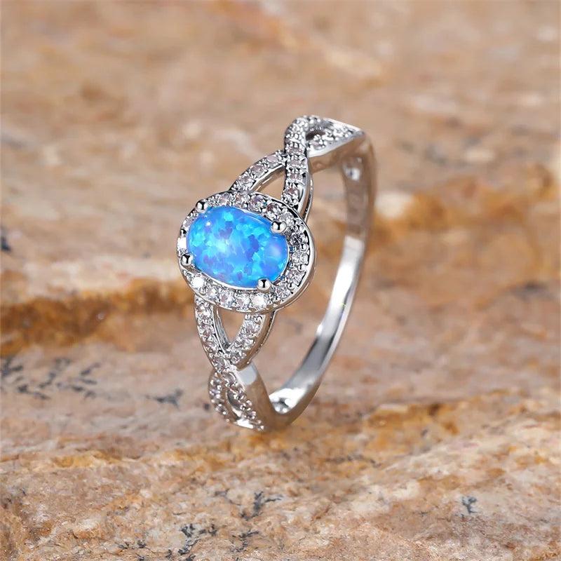 Small Oval Stone Blue Opal Ring White Zircon Hollow Infinity Engagement Rings For Women Trendy Silver Color Wedding Band Jewelry