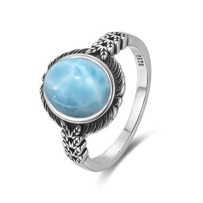 Vintage 925 Silver Natural Larimar Stone Ring Round Flower Shape Sky Blue Sea Water Ring Fine Jewelry Ring Gift For Women Men