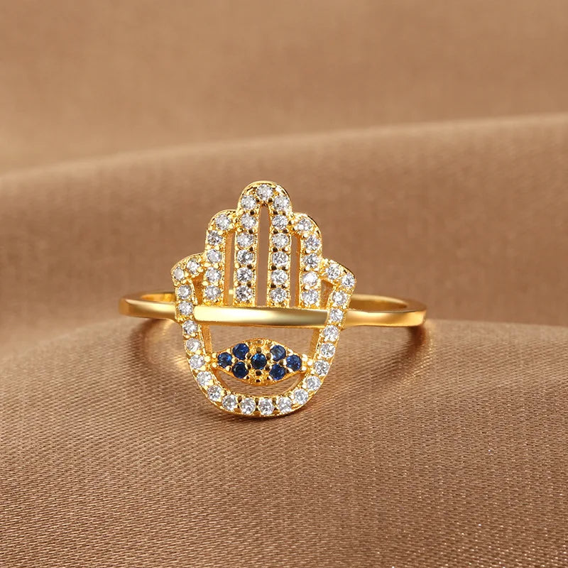 YILUOCD Hamsa Fatima's Hand Open Rings Turkish Blue Cubic Zircon Evil Eye Ring Protection Amulet Islamic Jewish Jewelry