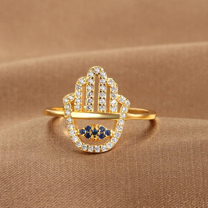 YILUOCD Hamsa Fatima's Hand Open Rings Turkish Blue Cubic Zircon Evil Eye Ring Protection Amulet Islamic Jewish Jewelry
