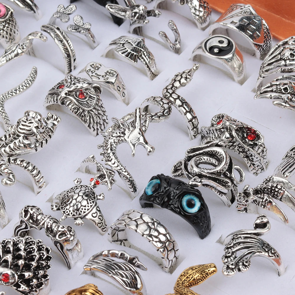 20 Pieces/Lot Vintage Punk Snake Rings for Women and Men Dragon Animal Devil's Eye Adjustable Mix Hip Hop Gothic Charm Jewelry