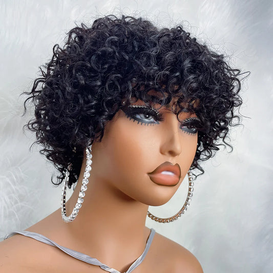 Pixie Cut Curly Bob Wig with Bangs – Glueless Human Hair for Black Women, Afro Rose Curl