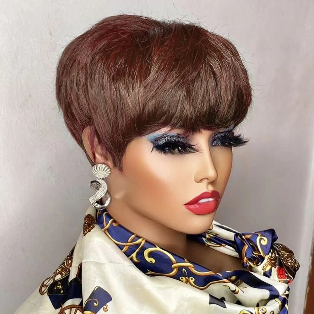 Brown Short Pixie Cut Wig – Human Hair with Bangs, Machine Made for Black Women
