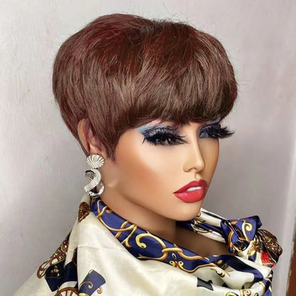 Brown Short Pixie Cut Wig – Human Hair with Bangs, Machine Made for Black Women