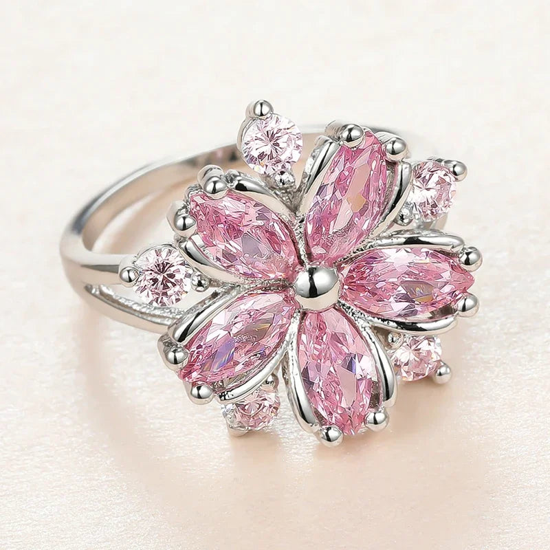 Cute Female Pink Crystal Stone Ring Charm upscale Thin Wedding Rings For Women Dainty Bride Flower Zircon Engagement Ring