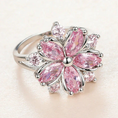Cute Female Pink Crystal Stone Ring Charm upscale Thin Wedding Rings For Women Dainty Bride Flower Zircon Engagement Ring