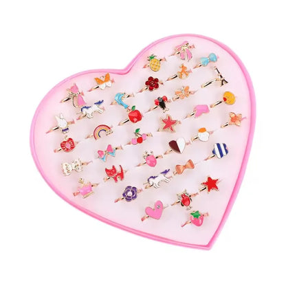6/12/36pcs Cute Adjustable Rings for  Pretend Play Makeup Toys for Girls Cartoon Crystal Jewelry Alloy Rings Gifts for Girls