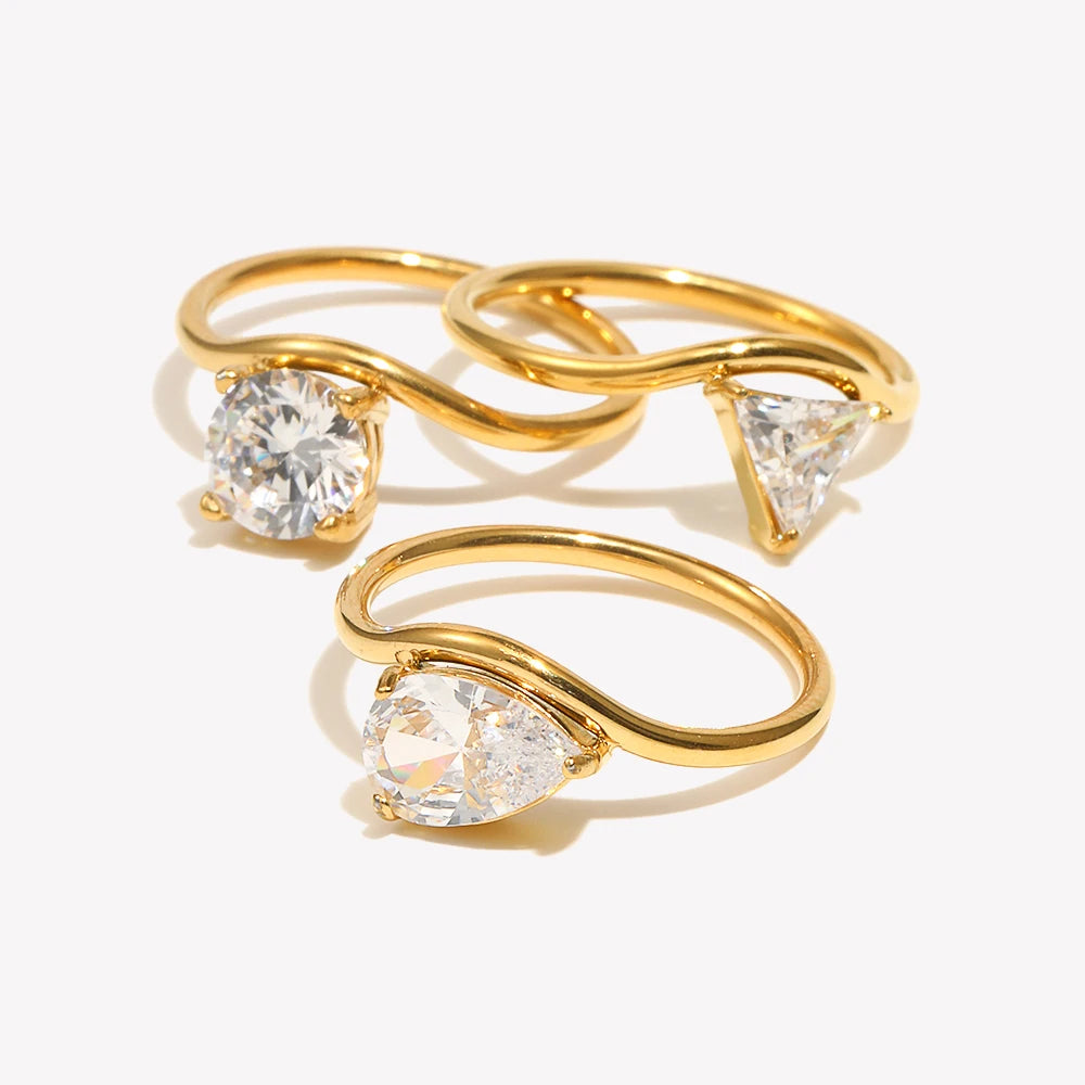 E.B.belle Wave Drop Round Zircon Ring Waterproof Minimalist 316L Stainless Steel Women's Rings 18K Gold Plated Accessories